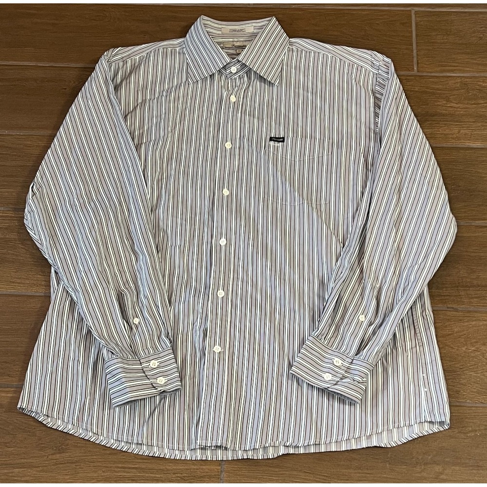 Faconnable Mens XL Striped Button Down Shirt Long Sleeve Cotton Grey Blue Brown